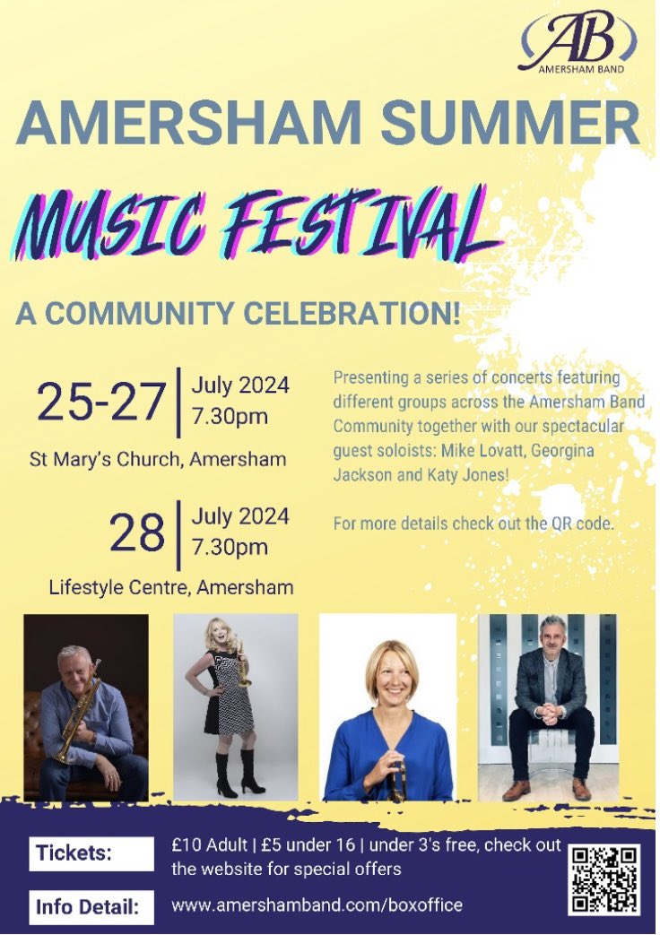 Amersham Band (@amershamband) on Twitter photo Amersham Summer Music Festival -4 gigs in 4 nights!
25th - Brass Blast, Brass Roots, AmJam & ACB
26th - Amersham Concert Brass/Amersham Big Band with @MikeMikelovatt
27th - Amersham Band with <a href="/georginajac/">georgina jackson</a>
28th - Summer Course Final Concert with <a href="/fineartskaty/">Katy Jones</a>
Details โฌ๏ธ Amersham Summer Music Festival -4 gigs in 4 nights!
25th - Brass Blast, Brass Roots, AmJam & ACB
26th - Amersham Concert Brass/Amersham Big Band with @MikeMikelovatt
27th - Amersham Band with <a href="/georginajac/">georgina jackson</a>
28th - Summer Course Final Concert with <a href="/fineartskaty/">Katy Jones</a>
Details โฌ๏ธ