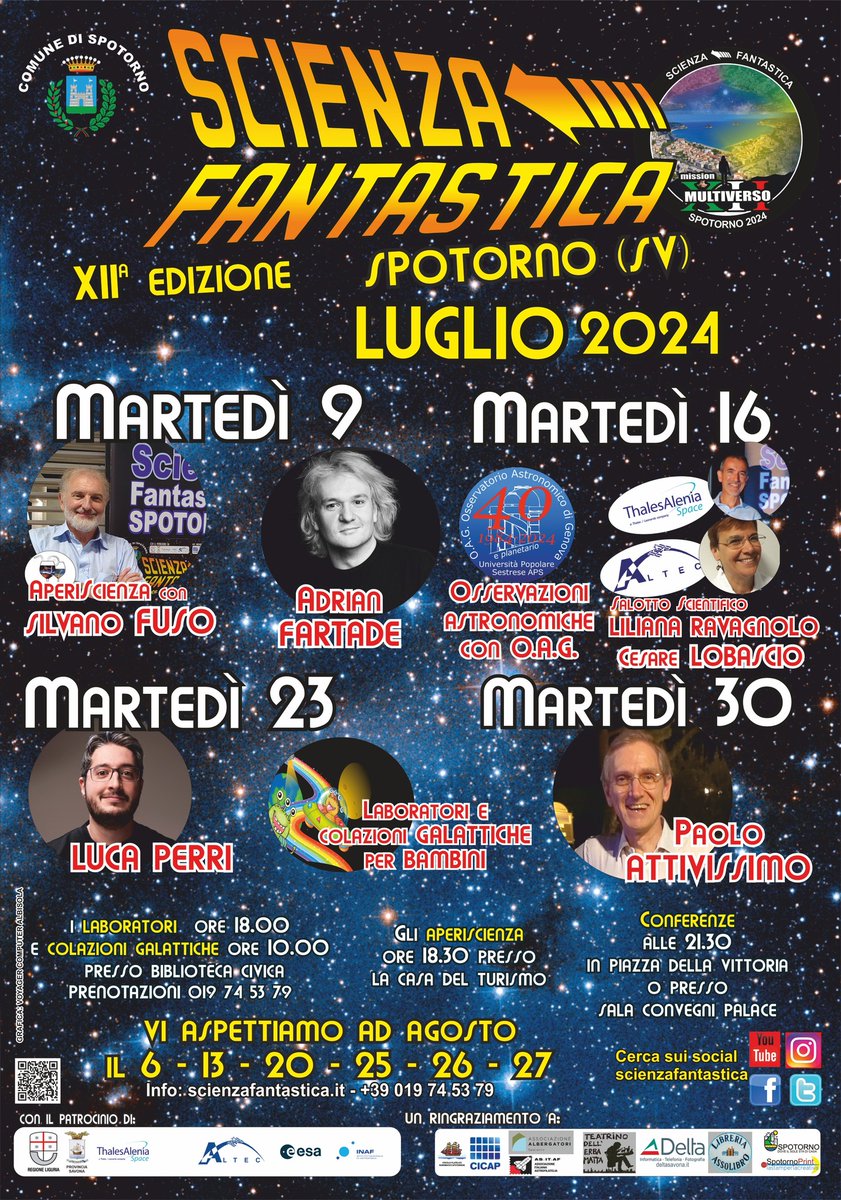 E' sempre un piacere fornire il nostro contributo al Comune di Spotorno per la rassegna "Scienza Fantastica" con il consueto Salotto Scientifico e la Colazione Galattica!
#scienzafantastica2024
scienzafantastica.it