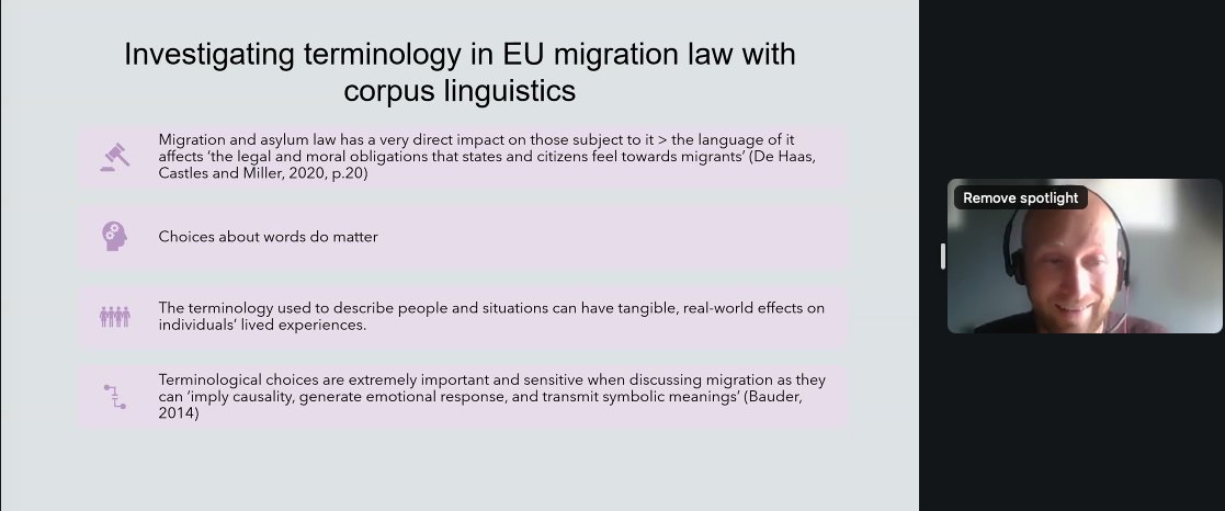 CCR_UoB's tweet photo. Dr Edward Clay is discussing the role of corpus linguistics in investigating EU migration law. #ccrss24 https://t.co/ItOlKYd7Zu