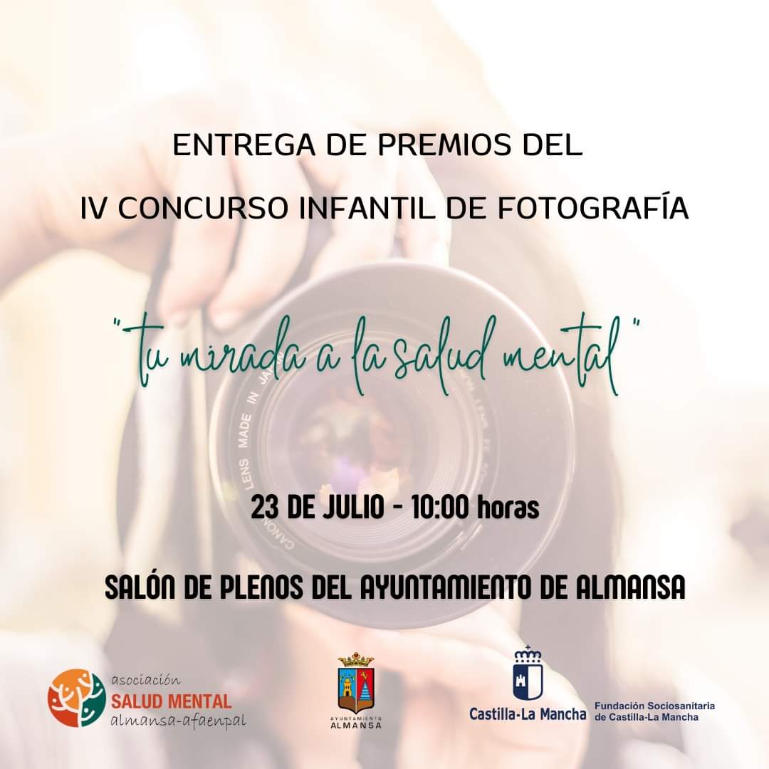 Ya tenemos fecha para la entrega de premios del VI Concurso Infantil de fotografía "Tu Mirada a la Salud Mental", será el próximo martes 23 de Julio a las 10:00 de la mañana en el Salón de Plenos del Ayuntamiento de Almansa.  Os esperamos. #almansa