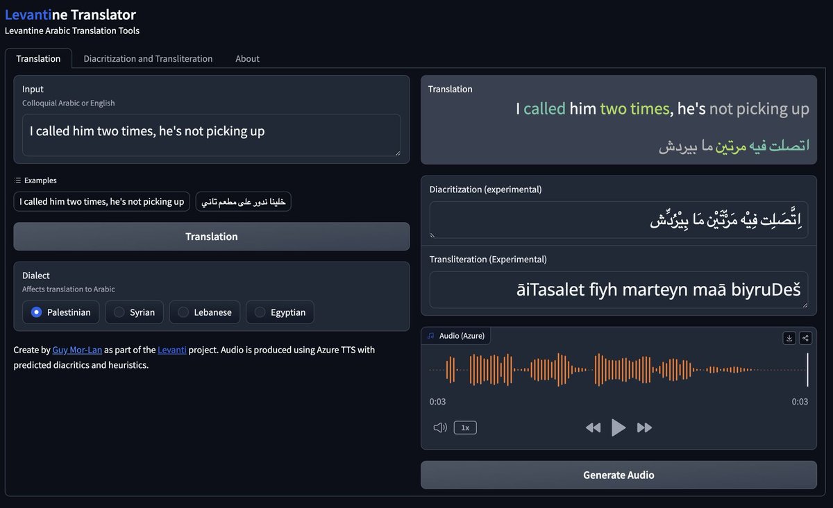 GuyMor5's tweet photo. I'm excited to announce 𝗟𝗲𝘃𝗮𝗻𝘁𝗶 - a novel set of models and data for Levantine spoken Arabic! 🎉

🔍 Key features:
*  Translation models for spoken Arabic dialects  ↔️ Hebrew/English
* 500K sentence dataset
* Palestinian Arabic diacritizer
* Transliteration model

1/6 https://t.co/U6s4Sdqsxk