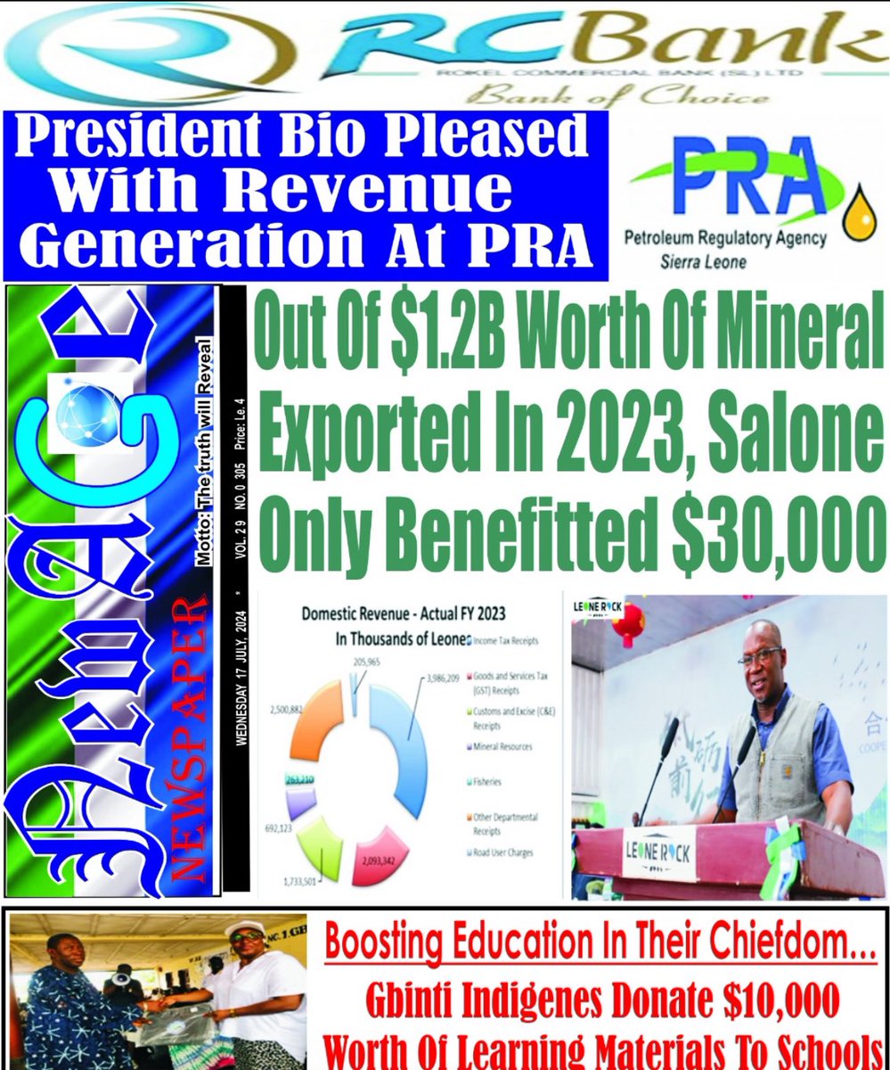 thomasd05987132's tweet photo. The Minister of Mines #JuliusMathai boasted that under his leadership in 2023, Sierra Leone exported over 1.2B Worth of Minerals but he was unable to tell how much the country benefited from that.
Despite his refusal to explain the benefits to Sierra Leone, the General Purpose Financial Statement of the Government of Sierra Leone revealed that in 2023, Mines and Minerals just contributed 6% to the domestic revenue.
Thus the composition of domestic revenues for FY2023 are as follows, Income tax revenue contributed SLE3,986 million or 35% of the total domestic revenue for the financial year, Goods and Services Tax (GST) revenue amounted to SLE2,093million or 18% of total domestic revenue, Customs and Excise (C & E) Receipts SLE1,733 million or 15% and Mineral Revenues SLE
692 million or 6% of total domestic revenue respectively.
So the actual revenue from the Mineral Sector for the year 2023 is just 692 Million Old Leones which is correspondingly little above $30,000.
Guess what??
The Minister #JuliusMathai has been at the center of bad mining deals that only benefited individuals.
Recently he spearheaded the monopolization of Sierra Leone’s Port and Rail to Chinese Mining Company @LRMGLRMG193100 for which his Geological Consultancy Company @Integems has reportedly benefited flurry of consultancies.