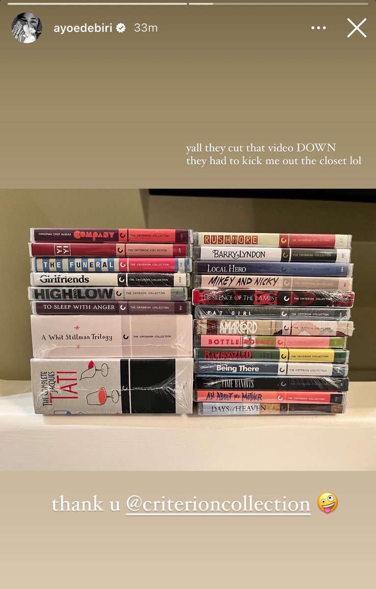 FilmUpdates's tweet photo. Ayo Edebiri shares her Criterion Closet haul 📸 https://t.co/tJDp4nFC2N
