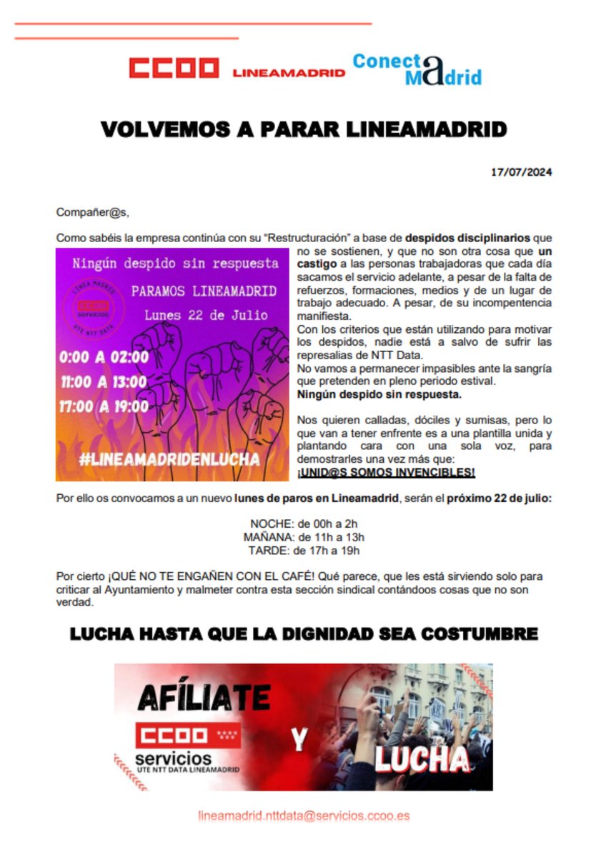 CCOOlineamadrid's tweet photo. Compas, volvemos a parar @Lineamadrid en contra de la política del miedo de @NTTDataSpain la unidad de las personas trabajadoras de Lineamadrid. #ParamosLineamadrid #LineamadridEnLucha https://t.co/IiqpVxJ3NY