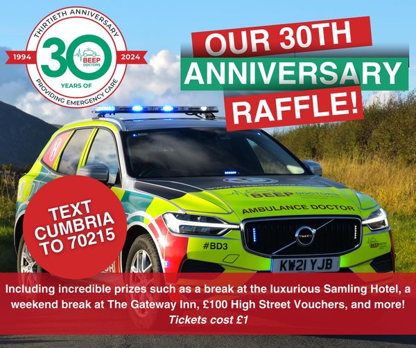 BeepDoctors's tweet photo. Have you got one of our 30th Anniversary Raffle Tickets?🥳

RAISING FUNDS TO SAVE LIVES! 🚑

To enter, please text 'CUMBRIA' to 70215 and you will receive a text asking how many times you would like to enter - £1 per ticket.

#raffle #beepturns30 #cumbria #volunteer #samlinghotel https://t.co/f1Z9GtGq23
