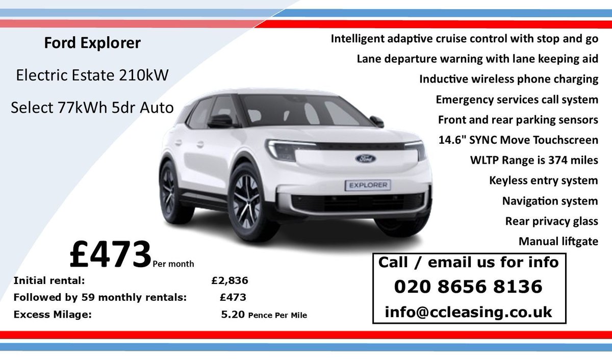 CCLeasingbiz's tweet photo. 🚨 The wait is finally over, the all-new Ford Explorer Electric Estate is now available with contract hire! 💯Say hello to eco-friendly driving. 🌿💚
Contact us for more or visit https://t.co/phhAdH7sXY
.
.
#CCLeasiing #FordExplorerElectricEstate #EcoFriendlyDriving #ContractHire https://t.co/W9CxZryTuo