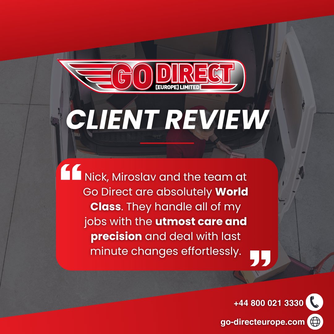 GoDirect_EU's tweet photo. "The team at Go Direct are absolutely World Class."

Amazing feedback from a regular client of ours.

https://t.co/8bQQBRN3Dw | 0800 021 3330

#samedaydelivery #ukdeliveryservices #trusteddelivery #clientsatisfaction https://t.co/m8x52XdPo7