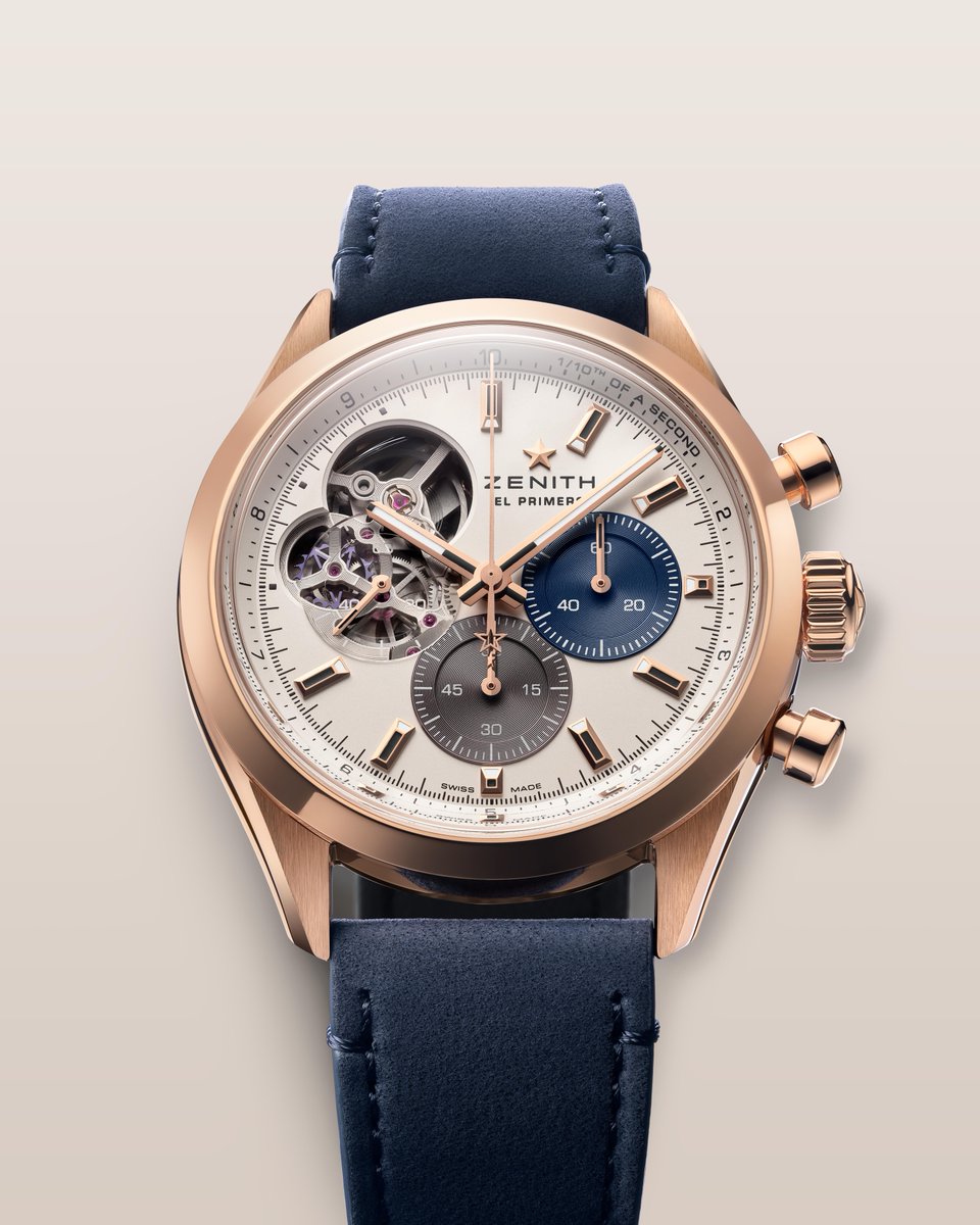 ZenithWatches's tweet photo. #ChronomasterOpen: Exposing the beating heart of its #ElPrimero in a novel and unexpected way, while retaining the signature tricolour counters dial configuration. Crafted in a sleek 39.5 mm 18K rose gold case, paired with a blue calfskin leather strap. https://t.co/ripPNAYW2n