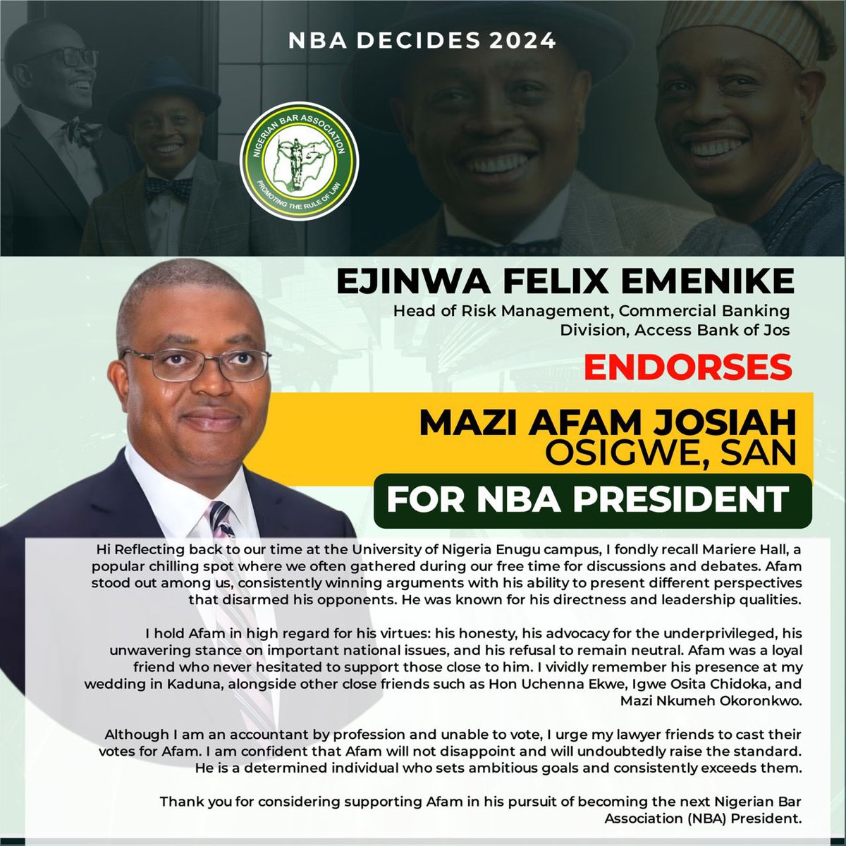 Vote <a href="/afamosigwe/">AFAM OSIGWE</a>  for NBA President 

#Proactivebar #Lawyersfirst #Fortheloveoftheprofession