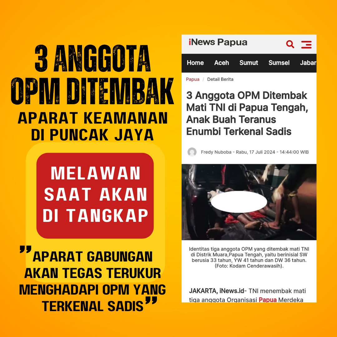 ruthesema's tweet photo. Tiga OPM yang tewas dalam penindakan aparat keamanan gabungan adalah anggota kelompok Teranus Enumbi yang kerap meneror warga di Puncak Jaya. Barang bukti didapatkan berupa pistol rakitan serta bendera bintang kejora. #Papua #PapuaIndonesia #TNIPolri #OPM https://t.co/bJnPdv4MsF