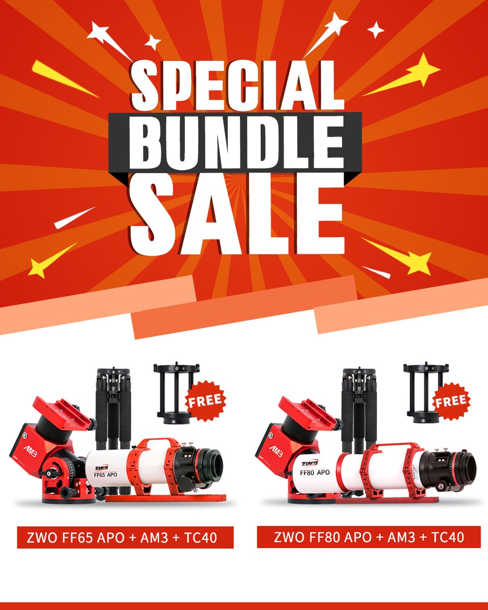 zwoastro's tweet photo. 🤩Introducing the special "bundle sale" for this planetary season! In addition to the discounted price, you can also get a PE160 as a free gift.
🛒https://t.co/NfIWn1HfL1
#AM3 #TC40 #FF80APO #FF65APO #planetary #sale #zwo #astrophotography #SummerSale https://t.co/M0EmvHByCY