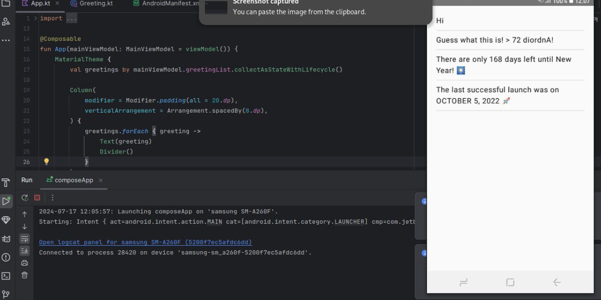 christine_12_me's tweet photo. Day 76-77: 
Delving into Kotlin Multiplatform development, following the documentation. Integrated the SpaceX API to display rocket launch dates. Discovered I need Xcode, which is macOS-exclusive and leverages SwiftUI, to build for iOS. 
Anyway, Aluta continua🥂
#100DaysOfALX_SE https://t.co/MNlrl6e2Lj