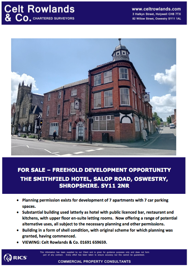 NEW IN: For Sale, Freehold Development - The Smithfield Hotel. #Oswestry #Shropshire 

Contact Celt Rowlands for more information: celtrowlands.com
