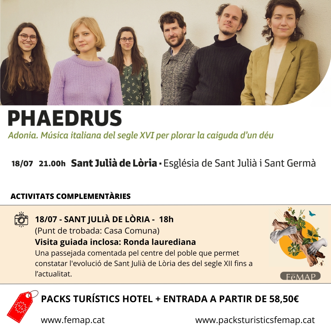 Festival_FeMAP's tweet photo. 👉Encara pots trobar entrades pel concert de demà de #Phaedrus a #SantJuliàdeLòria !
🎶Vine a gaudir d'un concert on es barreja lament i plaer amb la bellesa de les 𝘧𝘳𝘰𝘵𝘵𝘰𝘭𝘦 i la música instrumental inspirada en la tràgica vida d’Adonis.
+ info https://t.co/QdboFKgeau https://t.co/5cjRYlZJGQ