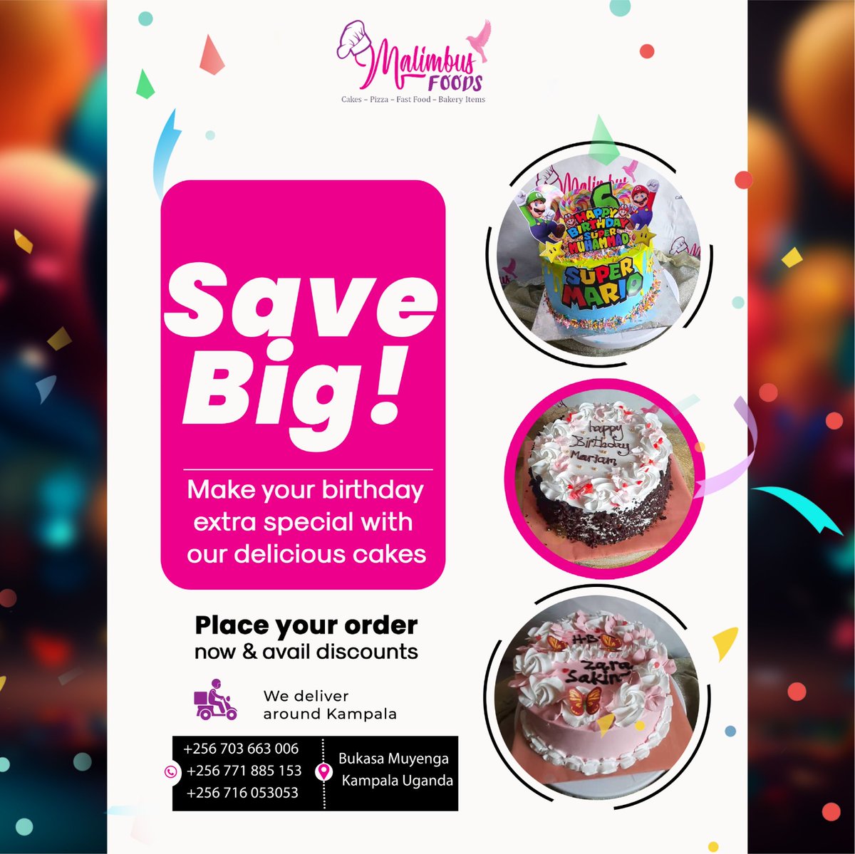 malimbusfoods's tweet photo. Celebrate with a Big Save! Enjoy massive discounts on all birthday cakes at Malimbus Cakes. Make your special day even sweeter ππ
WhatsApp : +256 716 053053
#cakestyle #birthdayparty #sweettreatseason #malimbusfoods https://t.co/s07mI1O0Rk