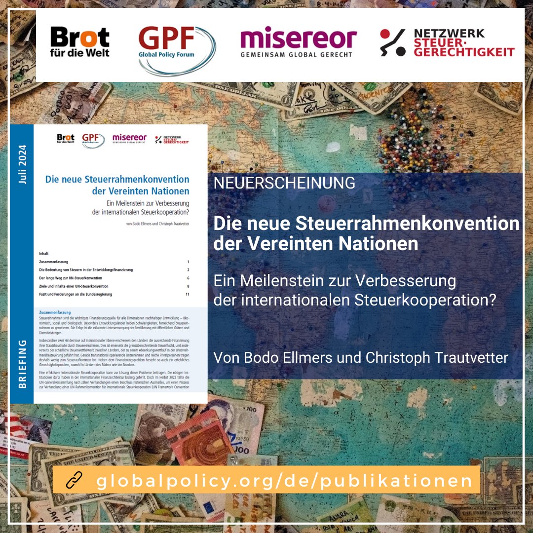Neue <a href="/UN/">United Nations</a>-#Steuerkonvention ist ein Meilenstein im Kampf gegen schädlichen #Steuerwettbewerb. 

Die 🇩🇪 #Bundesregierung soll die  Verhandlungen in #NewYork konstruktiv vorantreiben!

👉Neues Briefing Paper: globalpolicy.org/de/publication…

#Steuergerechtigkeit #Steuern #FfD #Fin4Dev #IFA