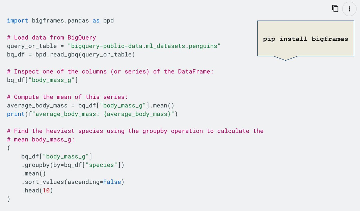 MazlumTosun3's tweet image. 🚀#BigFrame is a Pythonic Dataframe &amp;amp; API to apply transformations, Analysis, ML.. with the #BigQuery Engine

🔥 It's a really powerful tool and can be natively used in a Notebook from BigQuery Studio

I share a code sample and capture from BigQuery Studio

@GoogleCloudTech #Data