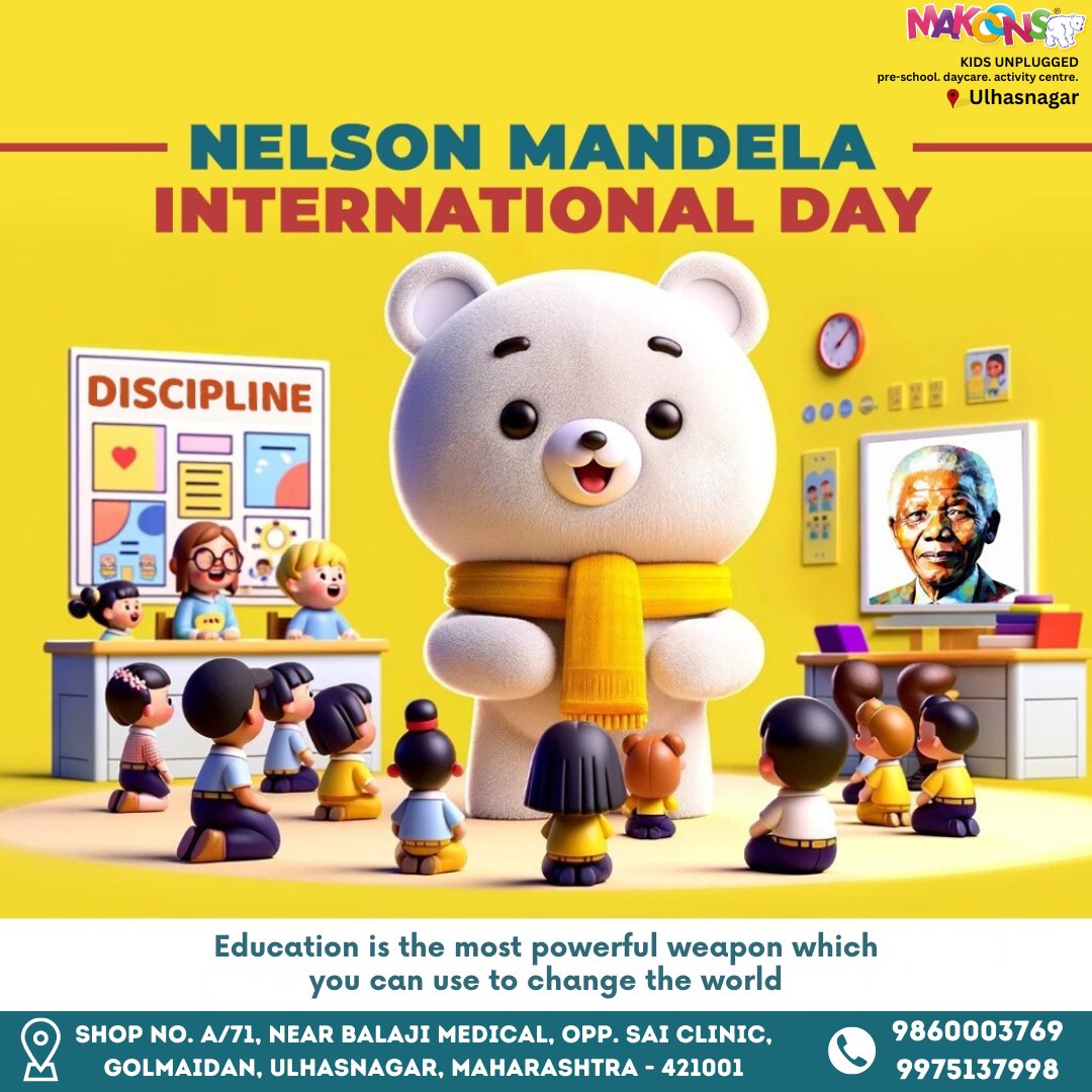 Makoonsulhasngr's tweet image. 📚✨ Happy Nelson Mandela International Day from [Play School Name], where we strive to inspire kindness and learning every day. ❤️📖
.
.
📞Call us at 9860003769. 

📍 Location: Shop No. A/71, near Balaji Medical, opp. Sai Clinic, Golmaidan, Ulhasnagar, Maharashtra 421001