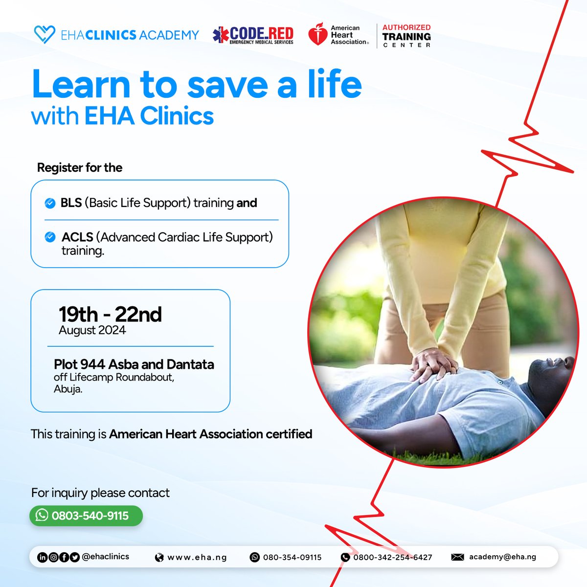 EHAClinics's tweet photo. Join EHA Clinics, Code Red &amp; the American Heart Association for a 3-day BLS &amp; ACLS training! 🚑
 
Register today: https://t.co/Z3PPoTXCsR

Info: 08035409115 (WhatsApp) | academy@eha.ng

#EHAClinics #SaveLives #BLS #ACLS #EmergencyTraining #HealthcareHeroes https://t.co/IO8j4Sf2gn
