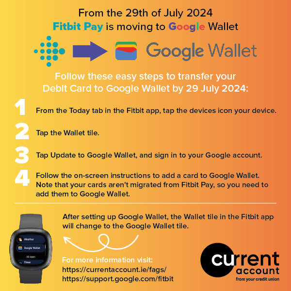 Public Service Members: Fitbit is moving from the Fitbit app to Google Wallet for debit card payments. Follow the steps below before 29th July. 

Stay connected and keep your payments seamless! #Fitbit #GoogleWallet #Update