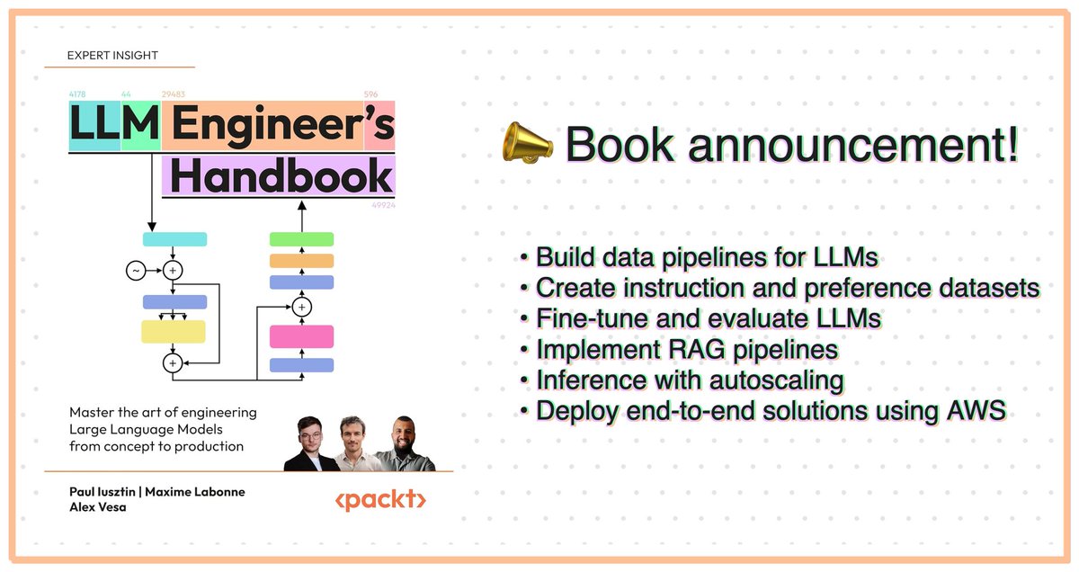 maximelabonne's tweet photo. Super proud to announce my new book: the LLM Engineer's Handbook 👷

I think we've built something special with @iusztinpaul and Alex Vesa, focused on best engineering practices, reproducible pipelines, and end-to-end deployment. Basically everything that is currently lacking in the ecosystem.

Our goal is simple: to provide everything you need to know to build LLM applications, all in one book.

Kudos to Paul and Alex for the extra smooth collaboration! These guys have created the excellent LLM Twin Course on GitHub (https://t.co/0MmSW1hdfy), an amazing resource for learning about LLMOps.

Everything I do online is free, but if you want to support this work, please pre-order our book. It greatly helps our visibility on Amazon.

📙 Pre-order: https://t.co/xfNrloHCmn