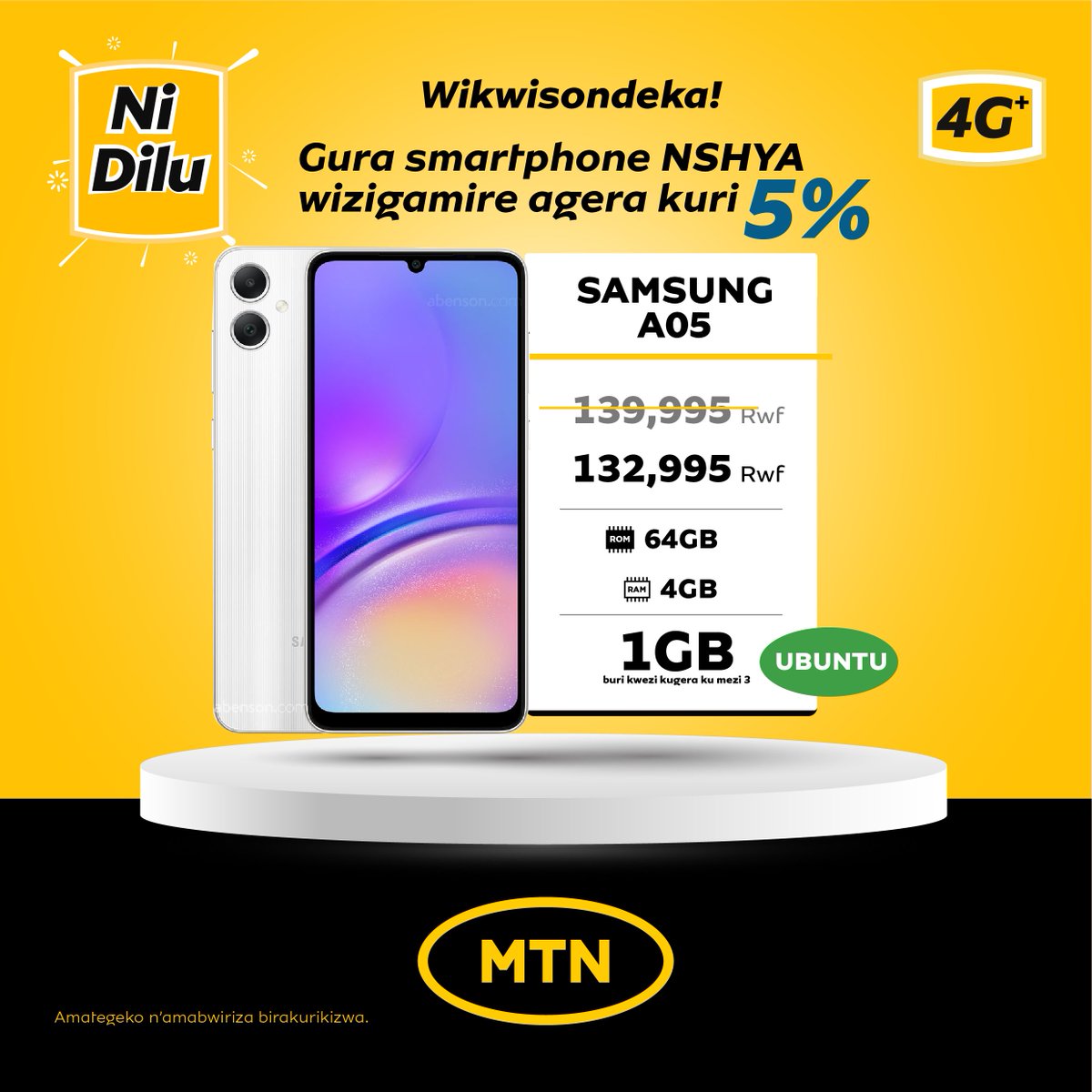 MTNRwanda's tweet photo. Urifuza kugura smartphone ku mafaranga macye? Ubu smartphone yakataraboneka ya Samsung A05 ifite igabanyirizwa rya 5%,uyiguze kwi shami ryacu rikwegereye.

#TurageraKukiUyuMunsi #Wikwisondeka https://t.co/DoTwr8RSKd