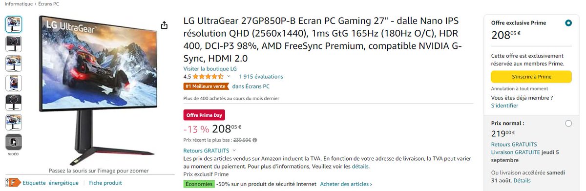 Ecran 27" LG 27GP850P-B IPS 1440p 165Hz à 208 € :O
🔥 amzn.to/3Sck4QR(lien affilié, promo réservée membres Prime)