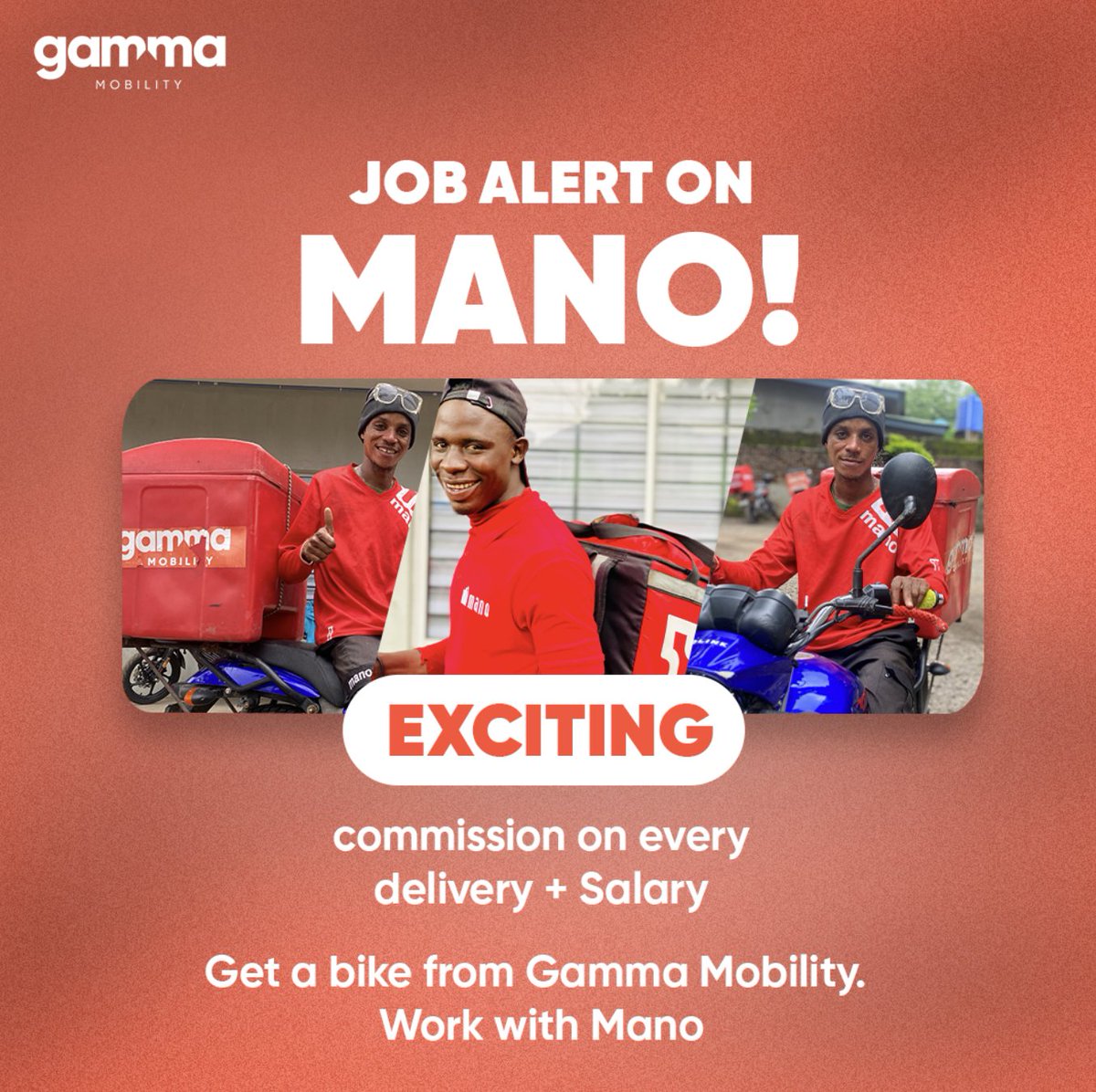 Get a bike from Gamma Mobility and work with Mano today. 

Enjoy :
- Health, Vehicle &amp; Accident Insurance
- Basic salary
- Free Lagos papers
- And so much more
Click this link to register - bit.ly/work-with-mano
