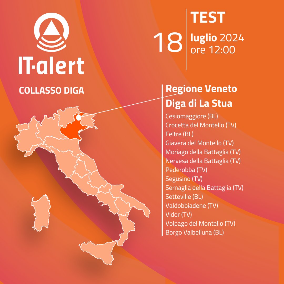 RegioneVeneto's tweet photo. ⚠️IT-ALERT. GIOVEDÌ 18 ALLE 12 TEST IN VENETO, NELLE PROVINCE DI BELLUNO E TREVISO.
Verrà simulato il collasso della diga La Stua. 
👉Chi riceverà il messaggio potrà cliccare su https://t.co/nze09xaQhk per rispondere al questionario che aiuterà a migliorare lo strumento. https://t.co/RNVZFelS36