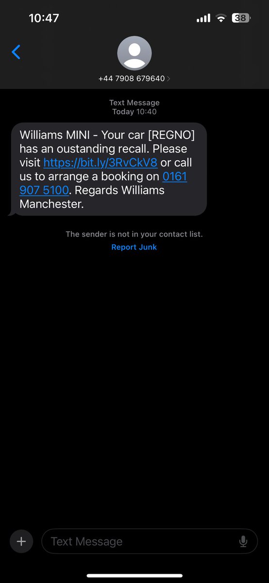 SlashnBurn92's tweet photo. @WilliamsMINI just to make you aware of a probable scam text message I’ve received https://t.co/ZMOvX6GqmS