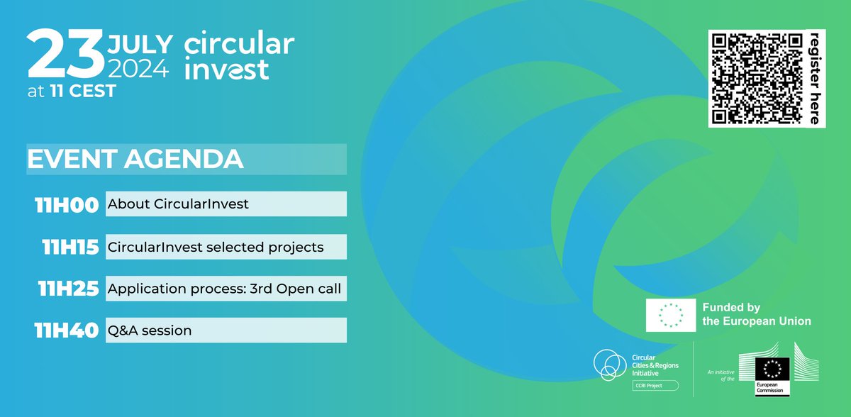 NetZeroCities (@netzerocitieseu) on Twitter photo #CircularInvest Call is open until 13 September 17:00 CEST & is looking for circular economy projects!
Join the infoDAY to learn more about the call, 23rd July 2024 at 11:00 CEST
- Info session: events.teams.microsoft.com/event/b5848d7d…
- About the call: circularinvest.eu/Home/Applicati…
#MissionCities #CircularInvest Call is open until 13 September 17:00 CEST & is looking for circular economy projects!
Join the infoDAY to learn more about the call, 23rd July 2024 at 11:00 CEST
- Info session: events.teams.microsoft.com/event/b5848d7d…
- About the call: circularinvest.eu/Home/Applicati…
#MissionCities