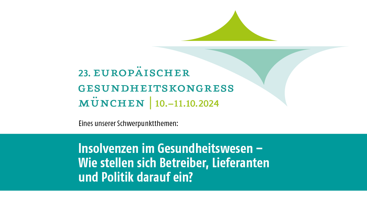 💼 „Insolvenzen im Gesundheitswesen: Wie stellen sich Betreiber, Lieferanten und Politik darauf ein?“ 💼
📅 Beim Europäischen Gesundheitskongress München am 10.-11. Oktober 2024 diskutieren Experten Lösungsansätze. 
Frühbuchertarif bis 31. Juli: gesundheitskongress.de/anmeldung