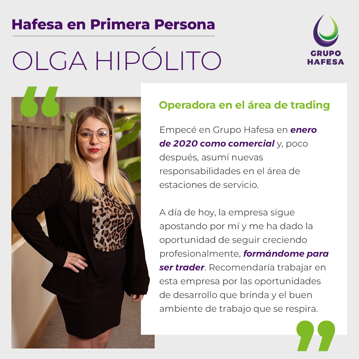 Haxx_energy's tweet photo. Sabemos que las personas que trabajan con nosotros son las que hacen posible que sigamos creciendo, gracias a sus cualidades, implicación y profesionalidad. Hoy presentamos a Olga Hipólito, Operadora del área de trading, que nos cuenta cómo ha sido su experiencia en #Hafesa😍💪🏻 https://t.co/ZvzAREMtm6