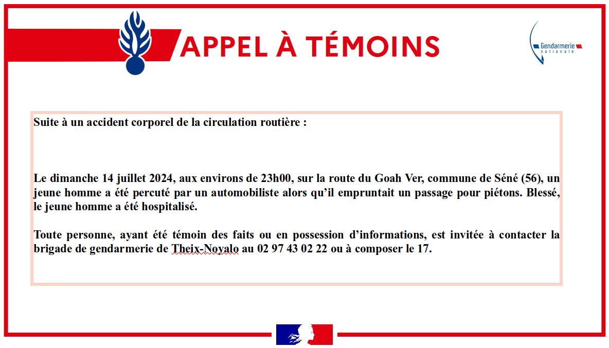 Je relaie l'appel à témoin de la <a href="/Gendarmerie_056/">Gendarmerie du Morbihan</a>.
Nous sommes passés très près d'un drame.
Une présence de vidéoprotection sur les giratoires de #Séné aurait sûrement permis d'élucider rapidement ce #délit. Dommage, la municipalité actuelle est opposée aux #caméras.
#Sécurité