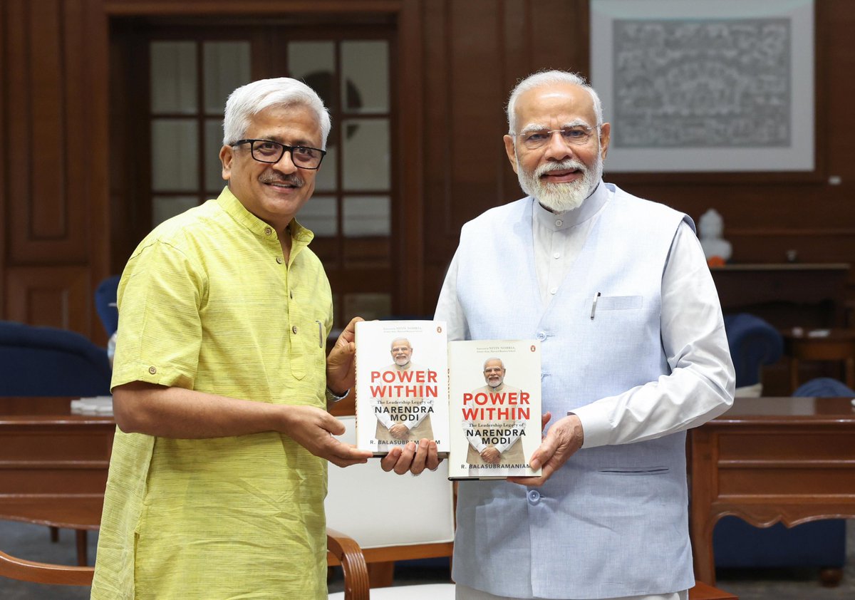 drrbalu's tweet photo. Today I had the privilege of meeting Hon'ble Prime Minister Shri Narendra Modi (@narendramodi) and presenting him with my latest book, “Power Within: The Leadership Legacy of Narendra Modi.”

This book captures the PM's leadership journey and interprets it through Western and Indic lenses, amalgamating them to provide a roadmap for those who aspire to a life of public service, using the PM’s 50-year journey in public life as an exemplar.

His leadership, especially his interactions with citizens and his responses to their aspirations, exemplifies his communication skills rooted in Indic wisdom. His dynamic approach and embodiment of "Rajadharma" and "Shraddha" in daily life reflect his commitment to a life of service.

The book is a National Bestseller just within a month of its launch.

My conversation with the Prime Minister was profoundly inspiring, reinforcing my hope that this book will inspire our youth with the wisdom of Bharatiya leadership.

The energy and vision the Prime Minister embodies fuels my passion to work tirelessly for a Viksit Bharat. Jai Hind!  🇮🇳

@narendramodi @PMOIndia @PenguinIndia 

#powerwithinbook