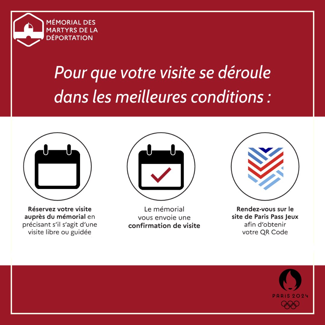 À noter : en raison des JOP Paris 2024, du 18 au 26 juillet 2024, l'accès au mémorial des martyrs de la Déportation se fera sur présentation d'un QR code.
Rien de plus simple : réservez votre visite, recevez votre confirmation et commandez votre QR Code : pass-jeux.gouv.fr/demande/