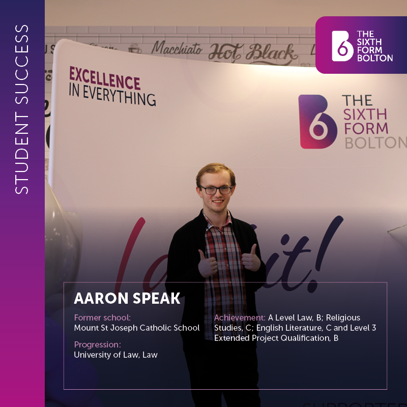 thesixthformB6's tweet photo. 🌟 STUDENT SUCCESS 🌟

Former @MSJBolton student, Aaron, achieved B, C, C and B in A level Law, Religious Studies, English Literature and Extended Project Qualification and is now studying Law at @UniversityofLaw, Manchester

#B6Success https://t.co/UsMtUF1ydE