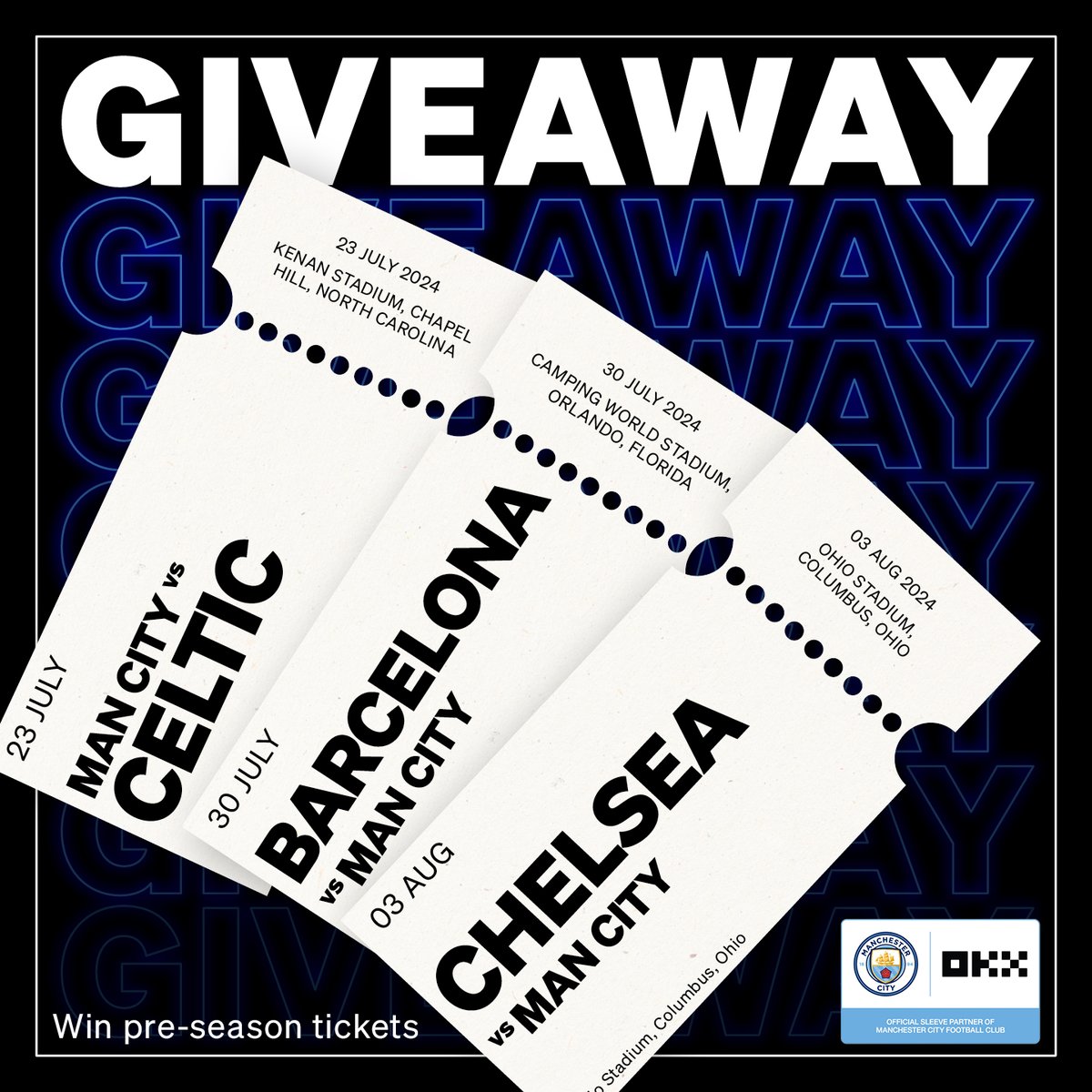 okx's tweet image. 📢 Want @ManCity pre-season tickets? 📢

We’re giving away free tickets for upcoming matches to 6 lucky winners!

📅 July 23: NC
📅 July 30: FL
📅 Aug 3: OH

To enter:
👋 Follow @okx
🔃 RT this post
💬 Comment the game you’re excited for
​
T&amp;amp;Cs apply 👉 bit.ly/3WqmAFi