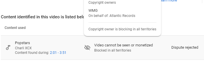 Hey <a href="/TeamYouTube/">TeamYouTube</a> , for some reason WMG and Charli XCX are blocking my video reaction to the K/DA Pop/Stars video. Upon research I have found out that this is because she did an audition but never got the final song. Can something be done about this? I appealled but still nothing.