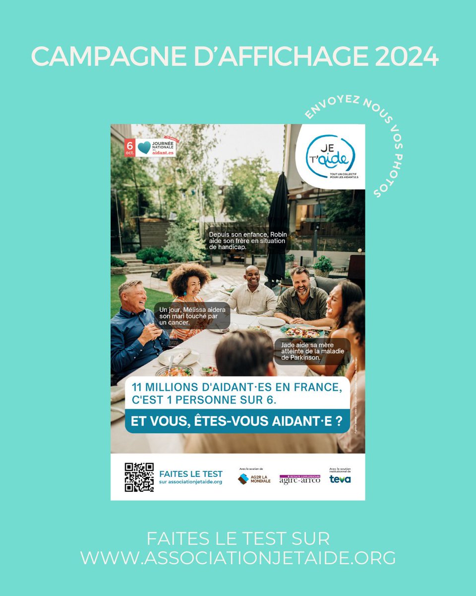 assojetaide's tweet photo. 📣  sortie de la grande campagne de communication 2024 ! Les aidant·es ont besoin de soutien et de prendre conscience de leur rôle d’aidant·e. Faites le test sur https://t.co/M1WHEG91Il @AG2RLAMONDIALE  @TevaSante #aidant #aidante #santé https://t.co/lK11sMitNz