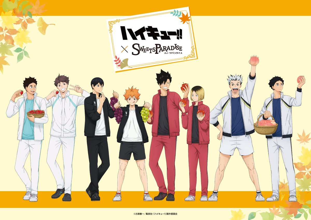 haikyu_a's tweet photo. ハイキュー!! × スイーツパラダイス  
コラボ第2弾開催決定！

フルーツ狩りをテーマにした限定描き下ろしビジュアルを使用したコラボグッズやノベルティ配布も！

開催期間：2024年8月27日(火)～2024年9月30日(月)

https://t.co/HQk0AyetMP https://t.co/et3OsVpTCw