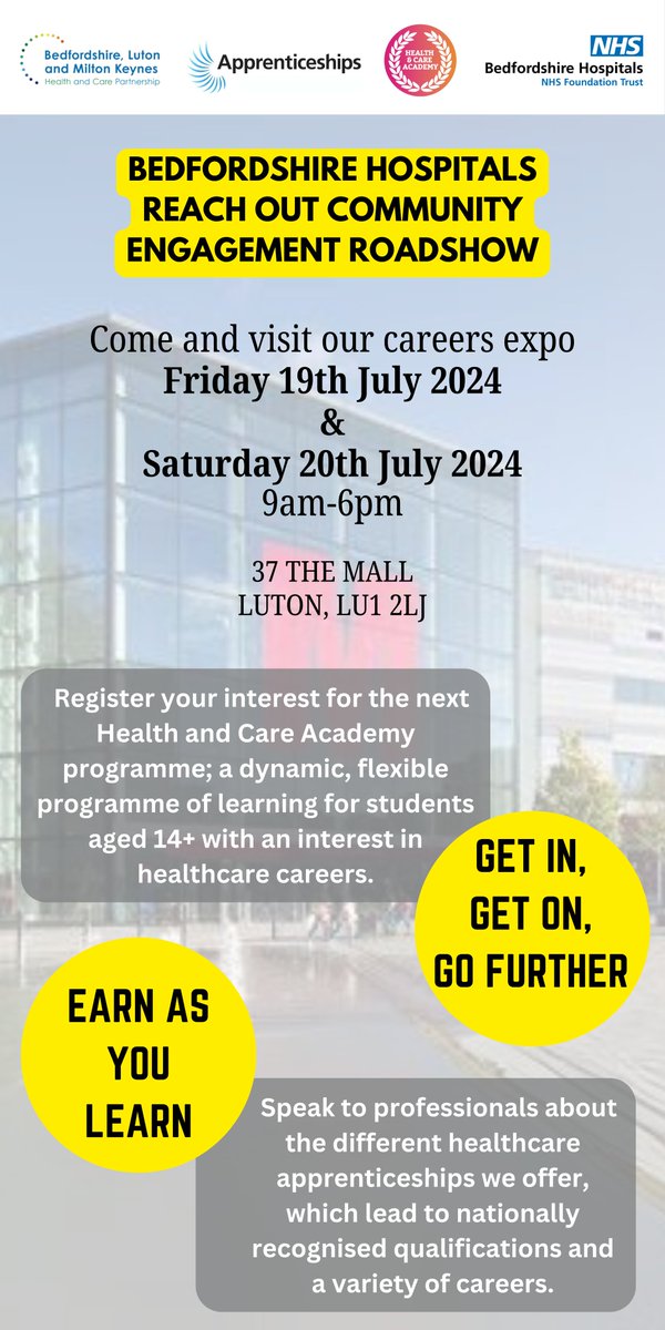 blmkhcacademy's tweet photo. 🎉 Join us at our reach out community careers expo! 🎉
📅 Friday 19th July &amp; Saturday 20th July 2024
📍   The Mall, Luton
        Open to all ages!
🔗 Save the dates and be part of this incredible event
#CareersExpo #NHS  #HealthcareCareers #LutonEvents #JoinUs https://t.co/9afb7Ig0IN