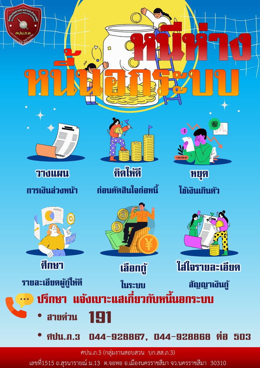 #หนีห่างจากหนี้นอกระบบ
ปรึกษาแจ้งเบาะแสเกี่ยวกับหนี้นอกระบบ
สายด่วน 191
ศปน.ภ.3 โทร. 044-928867 , 044-928868 ต่อ 503
#ศูนย์ป้องกันปราบปรามการกระทำความผิดเกี่ยวกับหนี้นอกระบบ