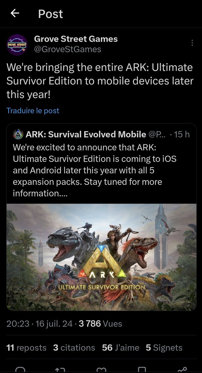 martian_zone's tweet photo. Enfin une Bonne nouvelle ‼️😉😁🎉🎉

Nous sommes ravis d'annoncer qu'ARK: Ultimate Survivor Edition arrivera sur iOS et Android plus tard cette année avec les 5 packs d'extension. Restez à l'écoute pour plus d'informations. 

#arkmobile #survivetheark #arksurvivalevolved #ark https://t.co/4FWgPKGMbK