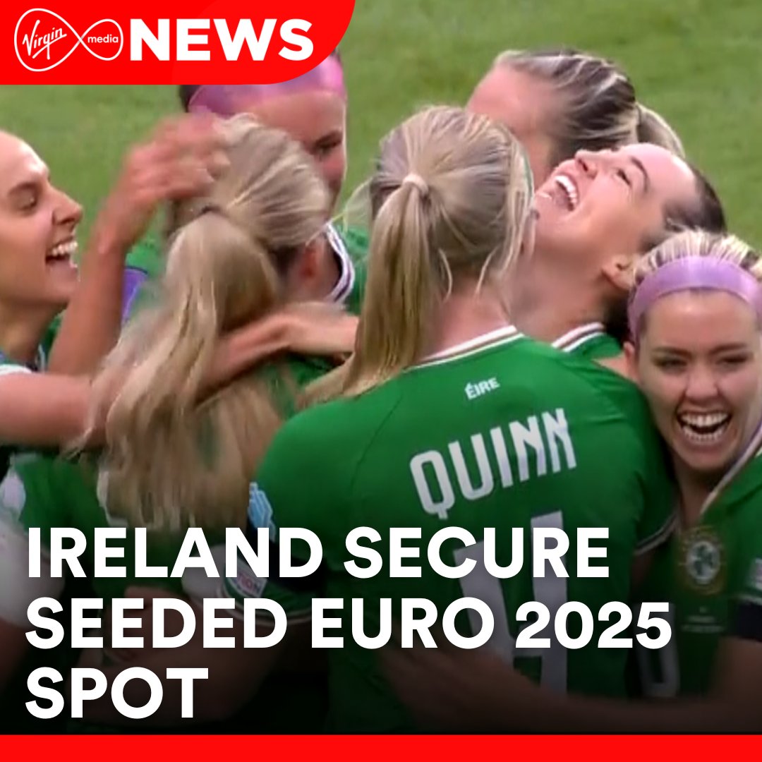 VirginMediaNews's tweet image. The Republic of Ireland women's team secured a seeded spot for the EURO 2025 play-offs with a 3-1 victory over France at Páirc Uí Chaoimh. 

For more, watch VMTV News at shorturl.at/Y2Ia7 
#VMTVNews #News #Ireland #Euro2024 #sport