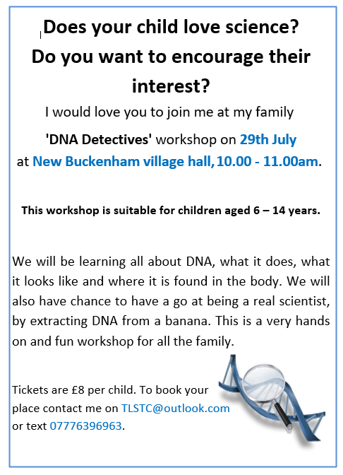 LittlestoryCo's tweet photo. Does your child love science?  Do you want to encourage their interest? I would love you to join me at my family 'DNA Detectives' workshop on 29th July at New Buckenham village hall, 10.00 - 11.00am. To book your place contact me on TLSTC@outlook.com or text 07776396963. https://t.co/a4GLlCtYM9