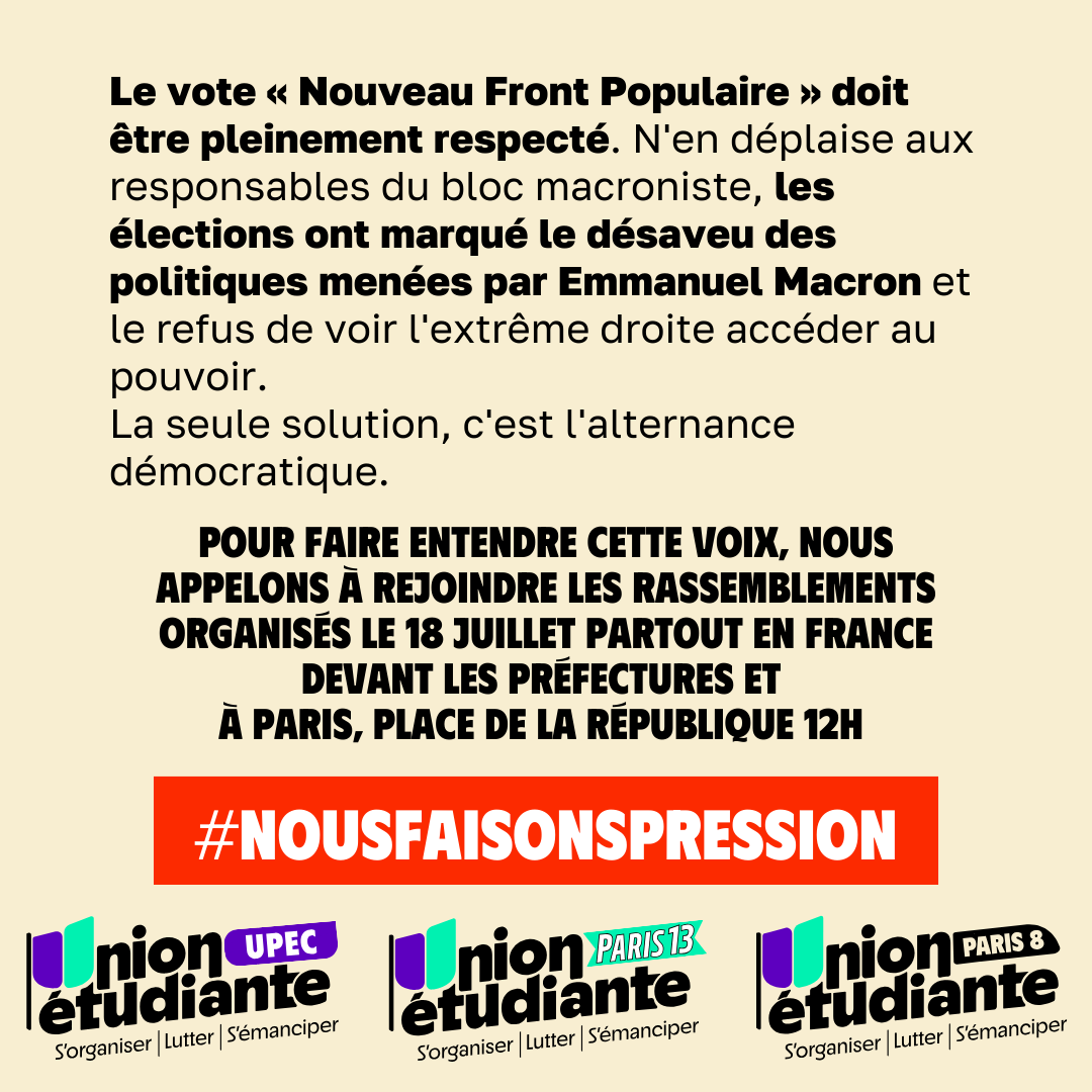 UnionEtuParis13's tweet photo. Voici notre appel à manifester ce jeudi partout en France et à Paris place de la République à 12h ✊ https://t.co/JMFQvdgHUU