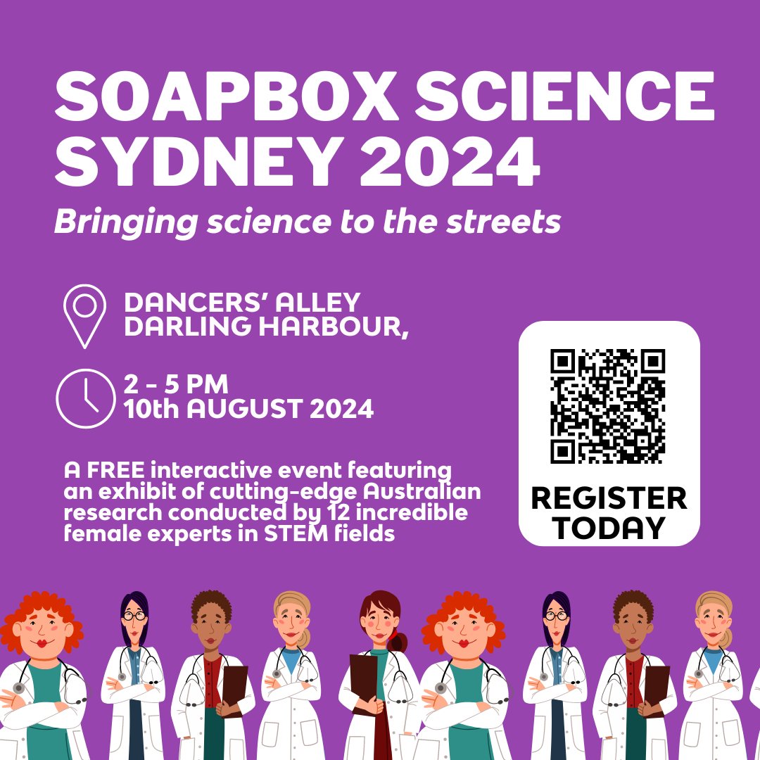 Amy_Fu_2022's tweet image. Join us in Soapbox Science 2024 on August 10, 2024, at Dancers’ Alley, Darling Harbour. 

Date: 10th August 2024
Time: 2:00 PM – 5:00 PM AEDT
Location: Dancers’ Alley, Darling Harbour Sydney NSW 2000, Australia

Please register using the link below 
 lnkd.in/gRu542Nt