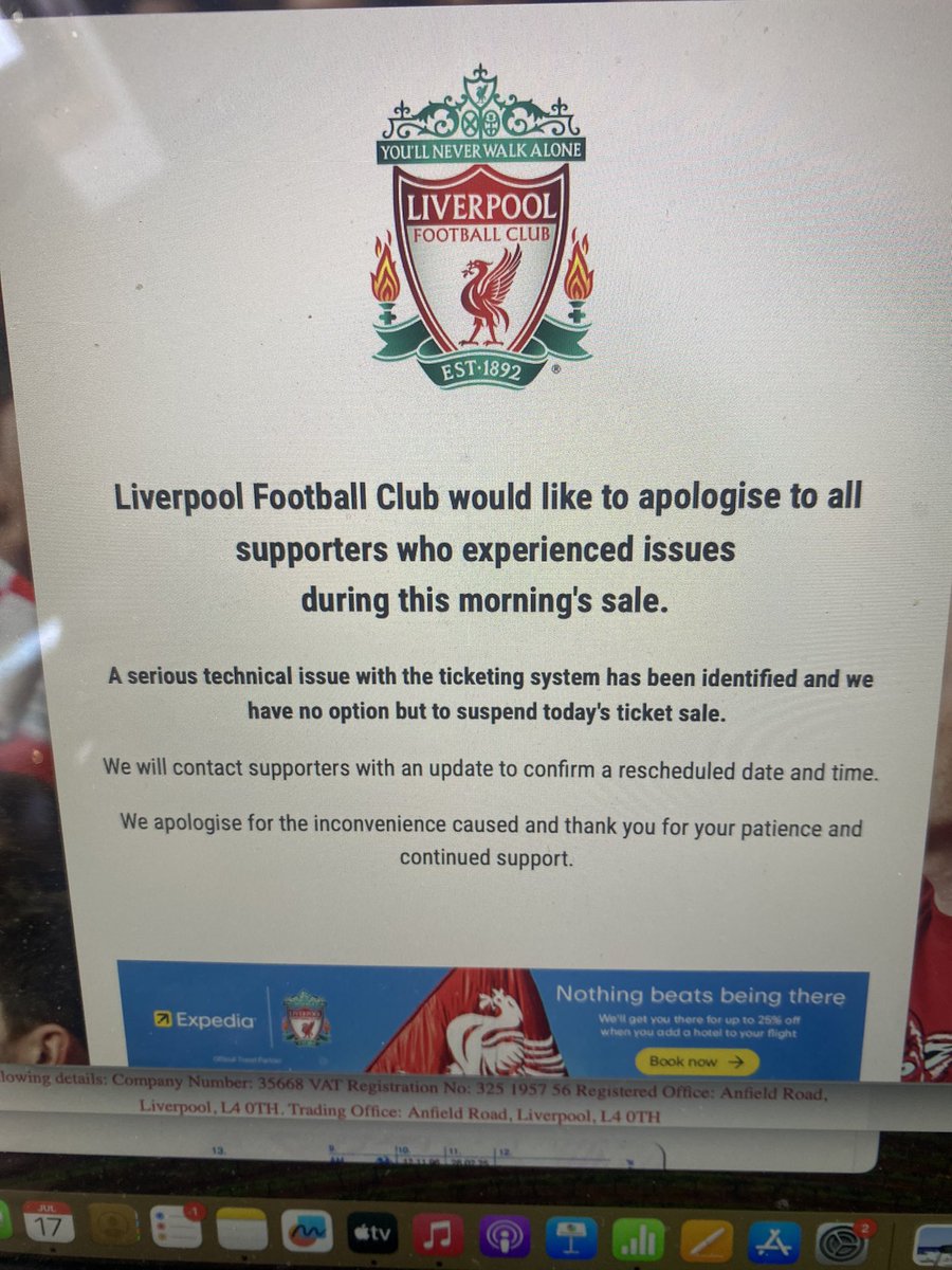 DaveMarten's tweet photo. @LFC @LFCHelp is this a really bad joke? 

No update for two hours then just “suspend” the sale. 
I’ve taken holiday specifically for this sale and it’s wasted
Kids could have had a day at the beach 
Sort this mess out seriously it’s embarrassing https://t.co/UVUhfaAsxQ