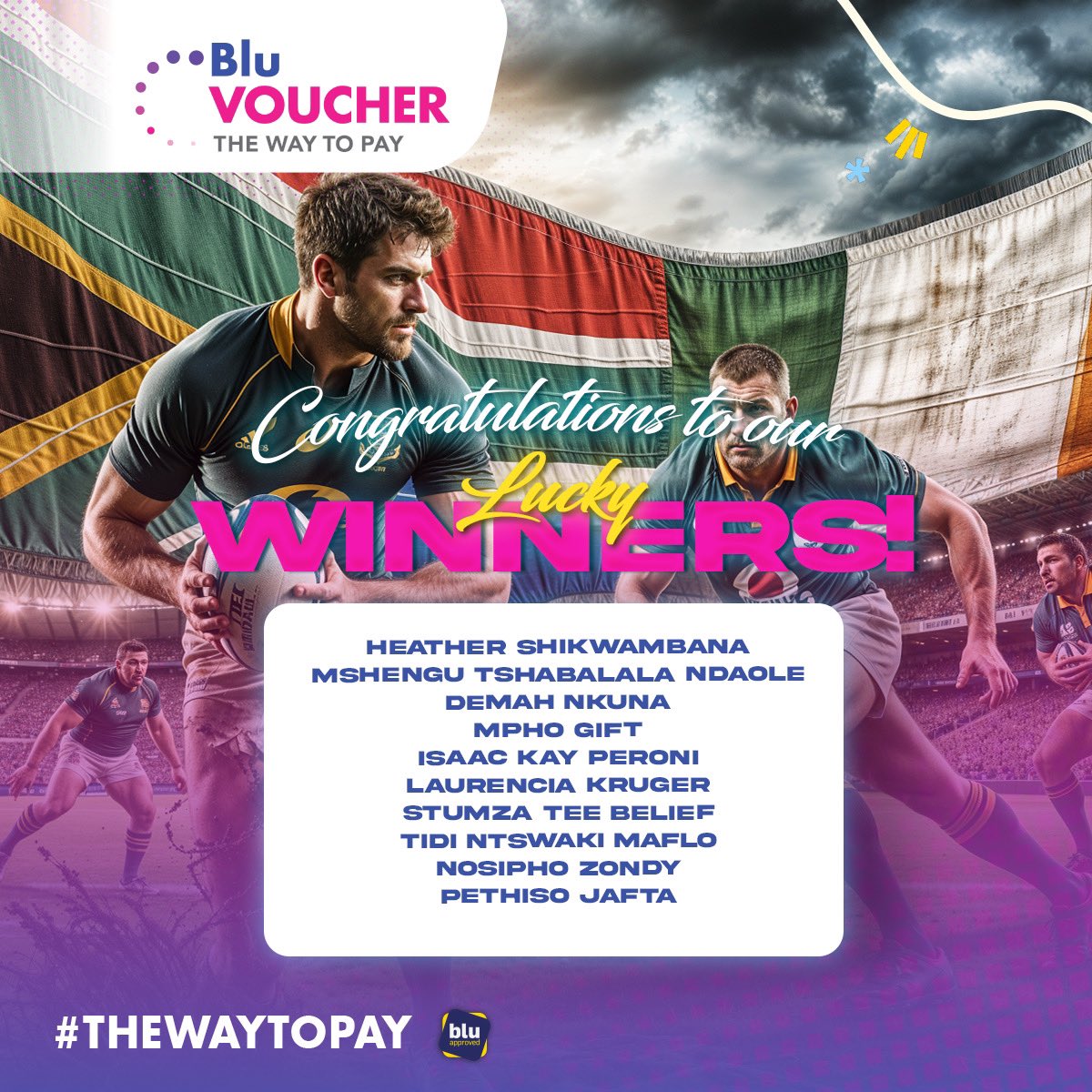 BluVoucher's tweet photo. Congratulations to our winners! ๐ Each of you has won a R50 Blu Voucher for predicting the Springbok vs Ireland #BluPredictions competition. Keep an eye on your social mediaโwe'll be sending your vouchers soon!
#BluVoucher #TheWayToPay https://t.co/gAxuklJxDb